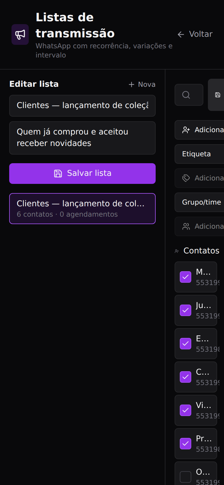 Transmissões com agendamento e variações
